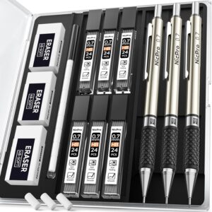 Nicpro 0.7 mm Art Mechanical Pencil Set in Storage Case, 3 PCS Metal Drafting Pencil Lead Pencil with 6 Tube HB Lead Refills, 3 Erasers, 9 PCS Eraser Refills for Artist Writing, Drawing, Sketching