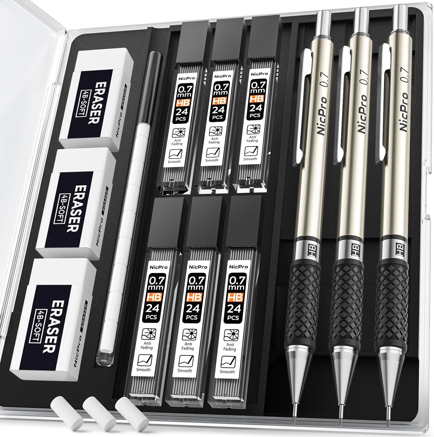 Nicpro 0.7 mm Art Mechanical Pencil Set in Storage Case, 3 PCS Metal Drafting Pencil Lead Pencil with 6 Tube HB Lead Refills, 3 Erasers, 9 PCS Eraser Refills for Artist Writing, Drawing, Sketching